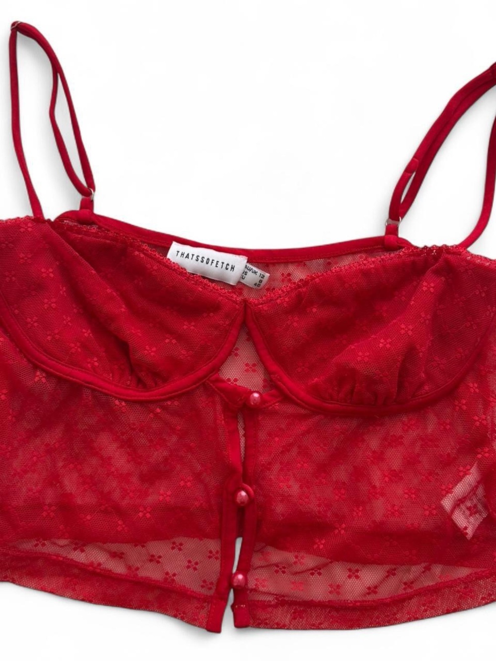 ThatsSoFetch Red Lace Button-Front Bralette Crop Top